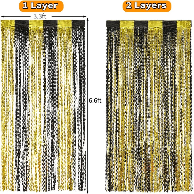 KEEUH 4 Pack Black and Gold Wavy Foil Fringe Curtains Pirthday Decorations,3.3 ft x 6.6 ft Metallic Foil Curtains Streamers for Party Photo Booth Props Background Decoration - Image 5